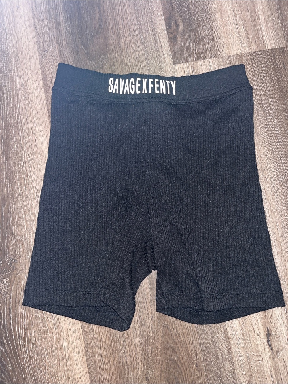 Savage X Fenty Black Ribbed Stretch Bike Shorts with Logo Waistband